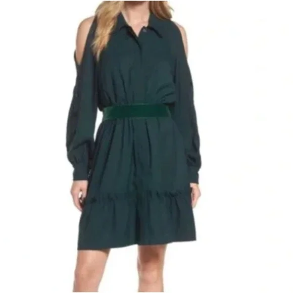 Eliza J | Dresses | Eliza J Womens Button Up Cold Shoulder Velvet Belted  Dress Size 4 Green Holiday | Poshmark